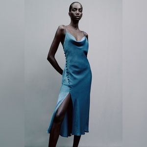 ZARA SATIN LINGERIE STYLE SLIP MIDI DRESS, Color: Petrol Blue, Size: XS